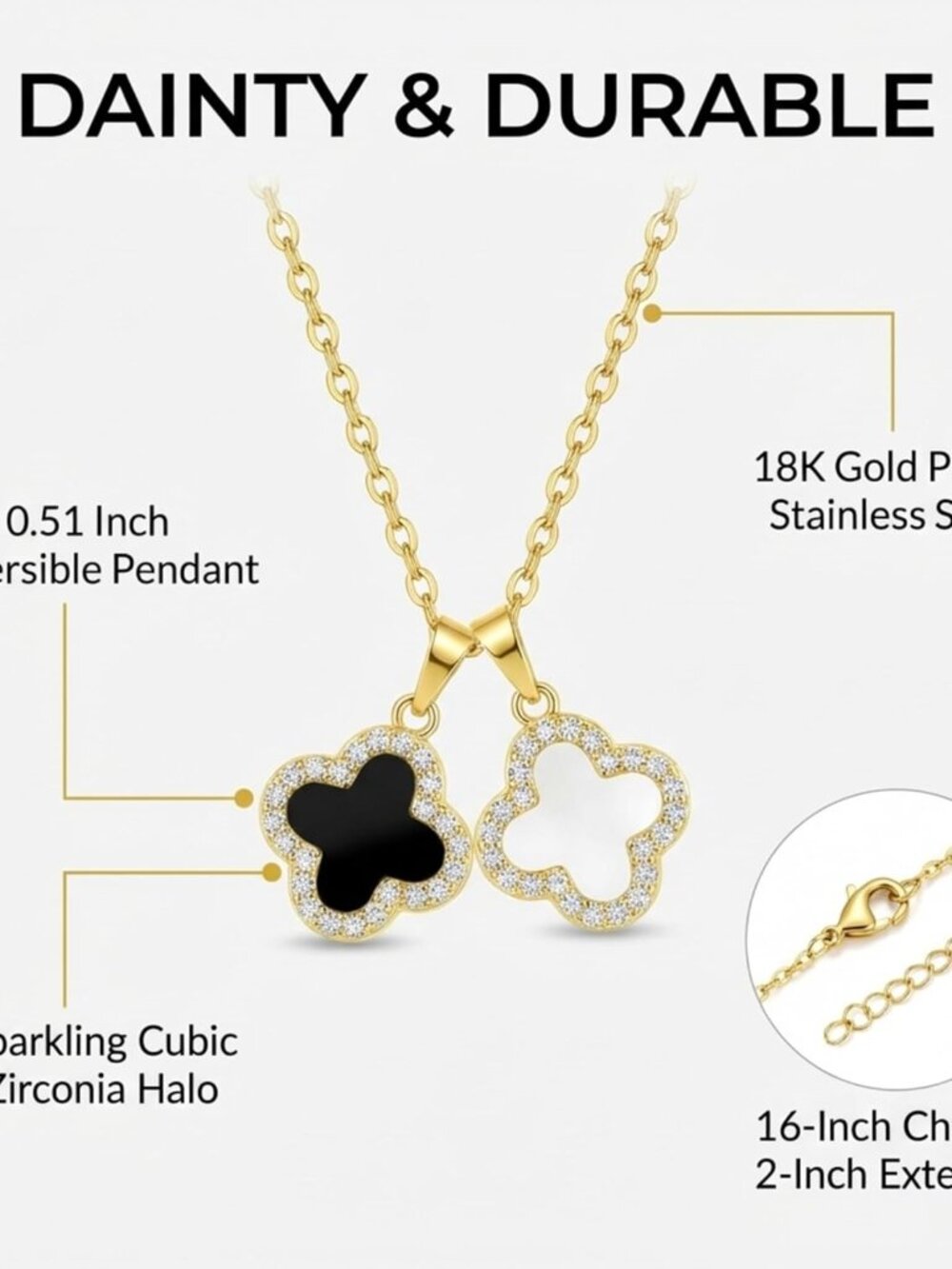 2 Side Crystal Clover Necklace for Women | 18K Gold Plated Four Leaf Lucky Penda - Picture 6 of 6